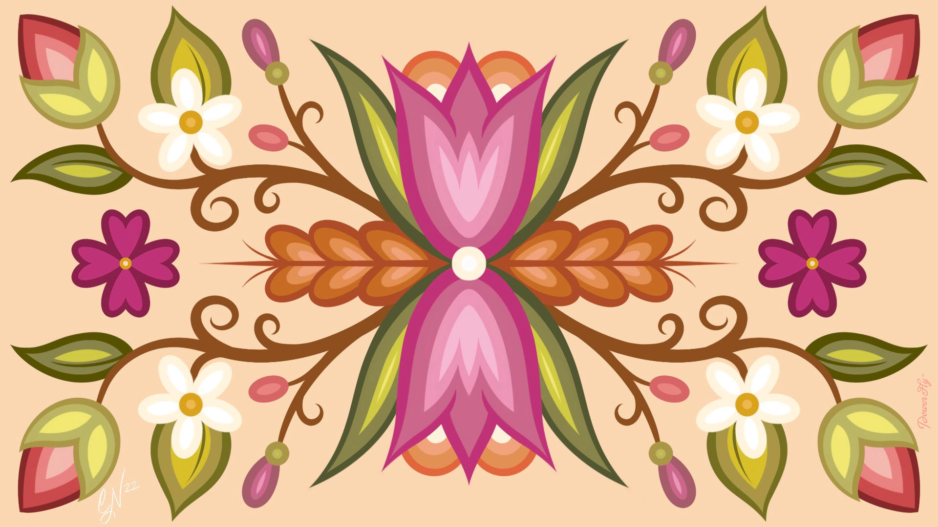 Caitlin Newago's DEI Zoom Background. A design with reflecting florals from the Great Lakes in colors of pink, green, light brown, brown, on a peachy beige background 