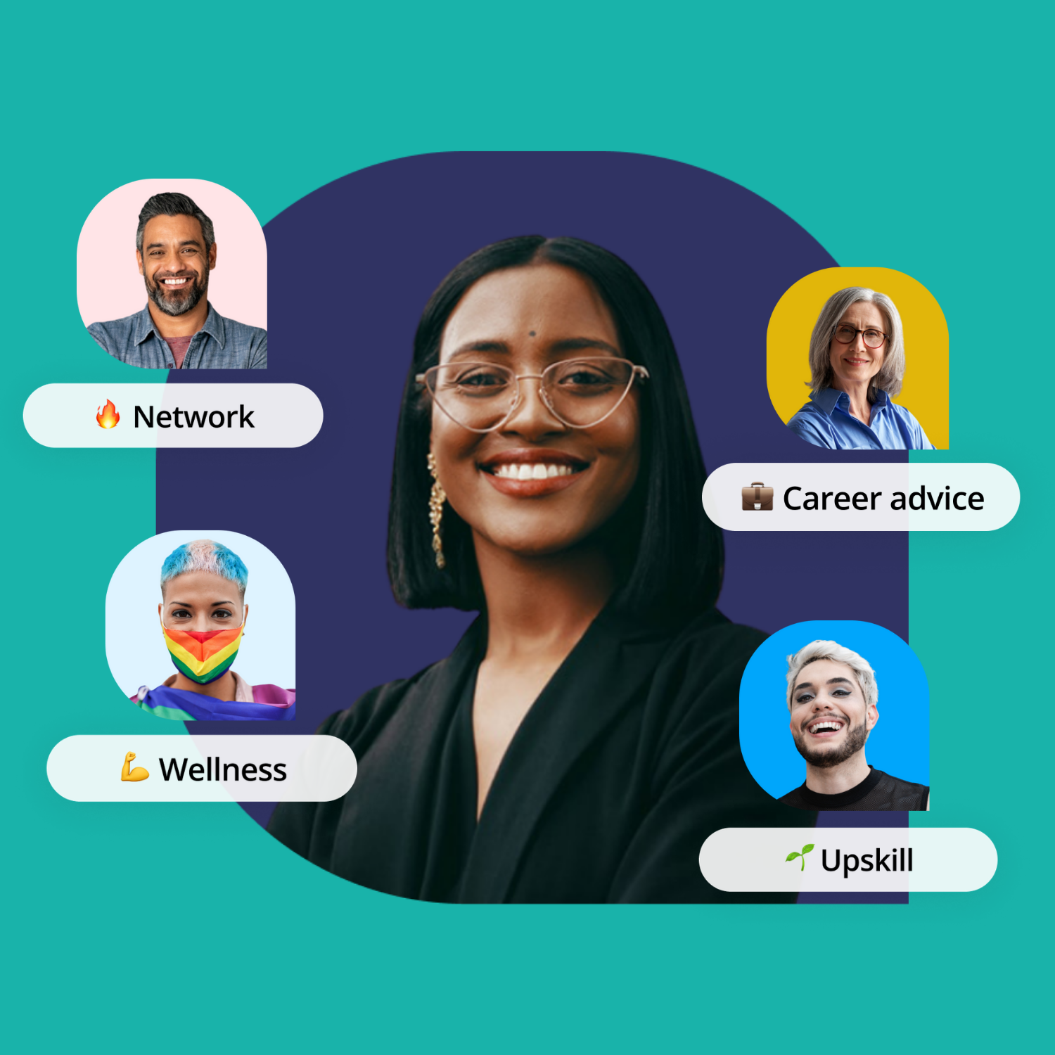 Bigger image of woman surrounded by a diverse group of people in speech bubbles, each with an emoji and text under them that read: Network, Career Advice, Wellness, and Upskill